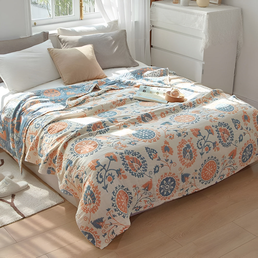 RusticaWebstuhl: Decorative Cotton Blanket with Floral Design & Rustic Charm – for Bedroom & Living Room