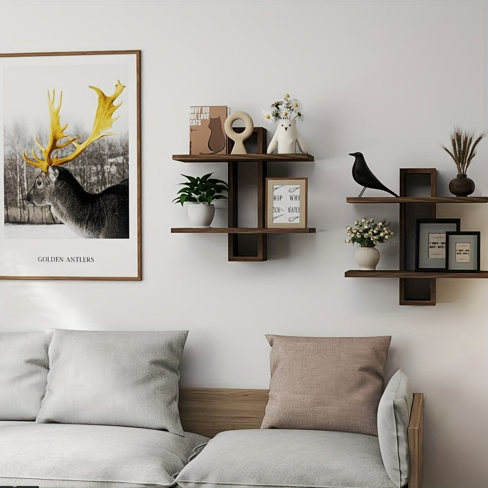 RustikBraun: Solid Wood Wall Shelves – Set of 2, Decorative & Floating in Vintage Farmhouse Style for Living Room & Bedroom