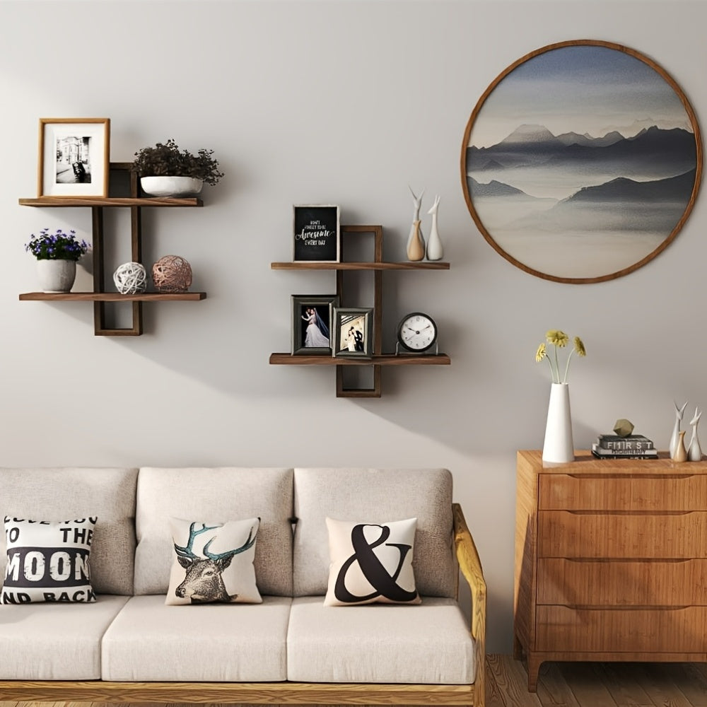 RustikBraun: Solid Wood Wall Shelves – Set of 2, Decorative & Floating in Vintage Farmhouse Style for Living Room & Bedroom