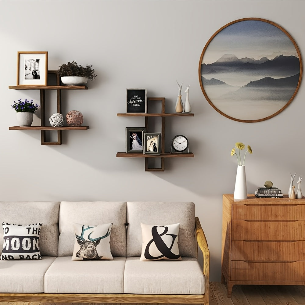 RustikBraun: Solid Wood Wall Shelves – Set of 2, Decorative & Floating in Vintage Farmhouse Style for Living Room & Bedroom