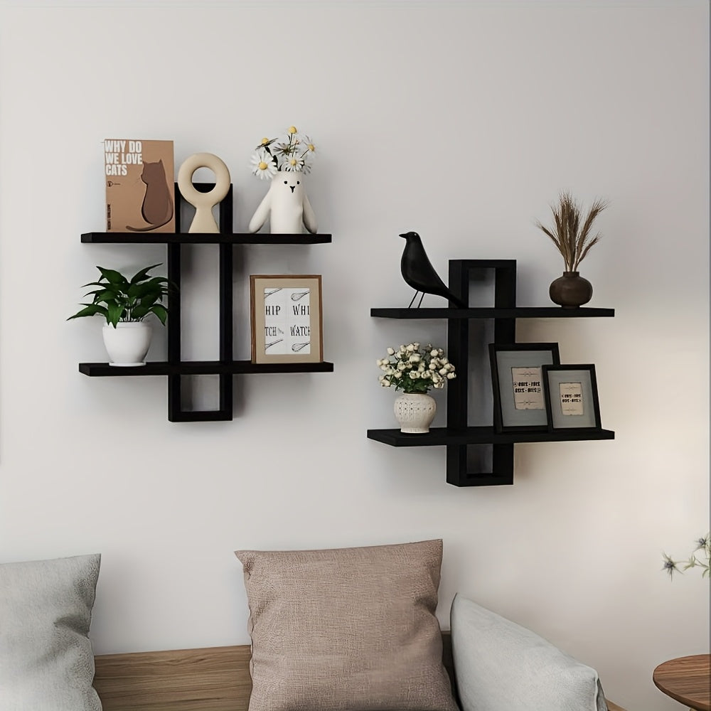 RustikBraun: Solid Wood Wall Shelves – Set of 2, Decorative & Floating in Vintage Farmhouse Style for Living Room & Bedroom
