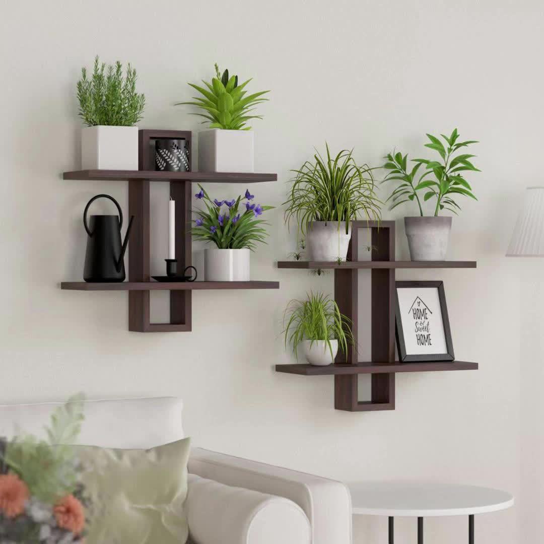 RustikBraun: Solid Wood Wall Shelves – Set of 2, Decorative & Floating in Vintage Farmhouse Style for Living Room & Bedroom