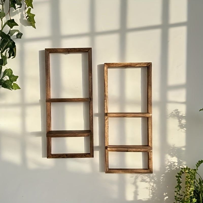 Rustic Frame: Wooden Wall Shelf – decorative, floating & two-tiered in vintage style for flower pots in the bedroom & living room