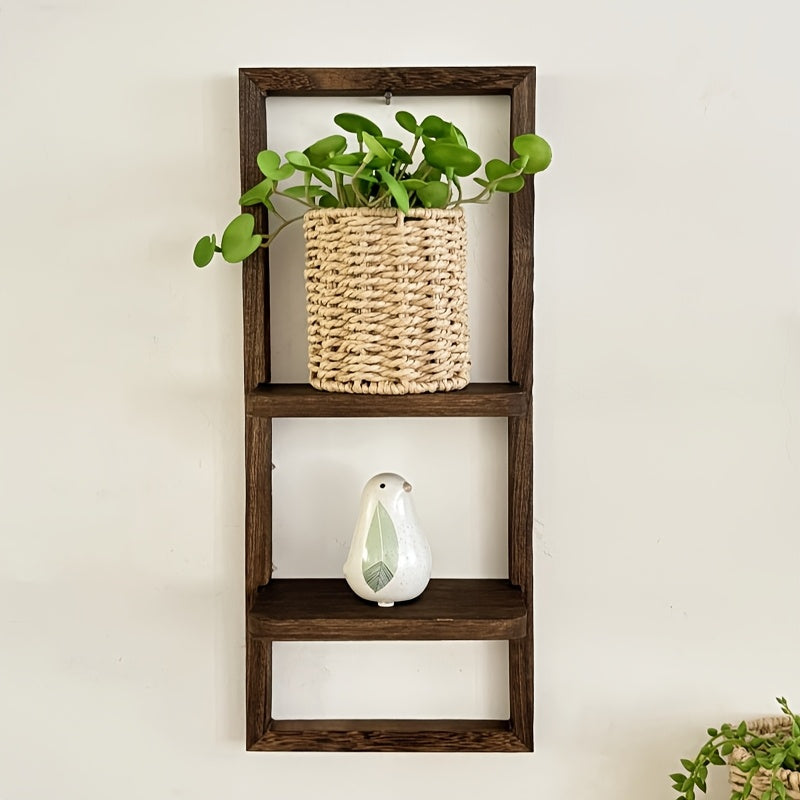 Rustic Frame: Wooden Wall Shelf – decorative, floating & two-tiered in vintage style for flower pots in the bedroom & living room