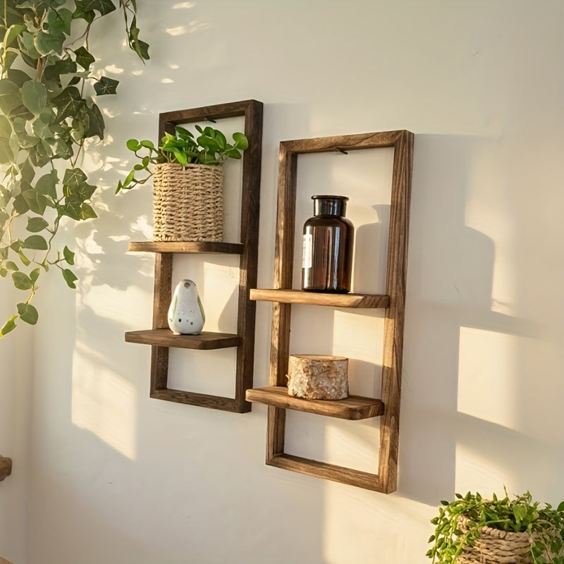 Rustic Frame: Wooden Wall Shelf – decorative, floating & two-tiered in vintage style for flower pots in the bedroom & living room