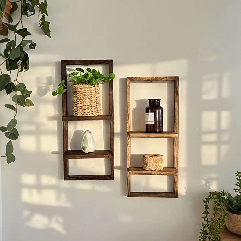 Rustic Frame: Wooden Wall Shelf – decorative, floating & two-tiered in vintage style for flower pots in the bedroom & living room