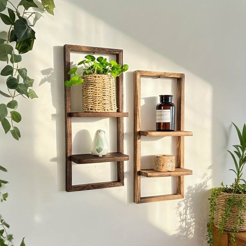 Rustic Frame: Wooden Wall Shelf – decorative, floating & two-tiered in vintage style for flower pots in the bedroom & living room