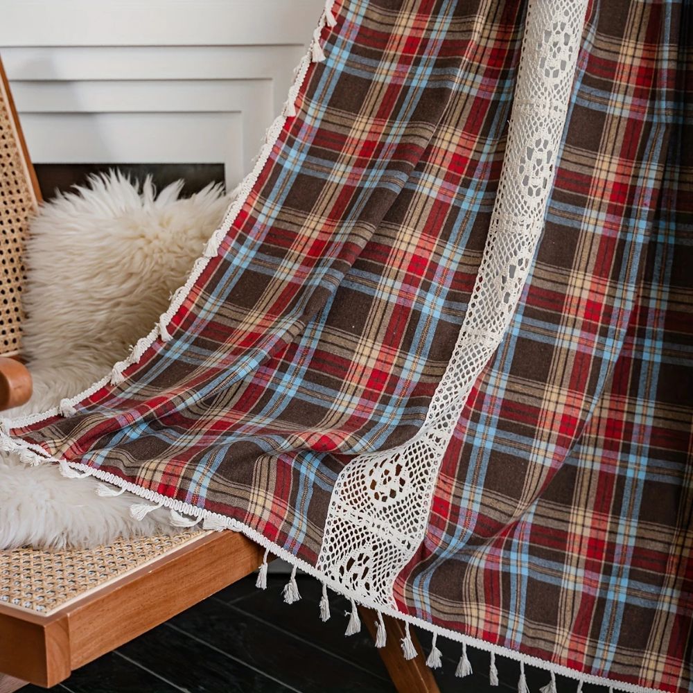 Rustic Tartan: Checked Curtain with Lace Trim – Semi-Transparent & Decorative for Kitchen & Living Room