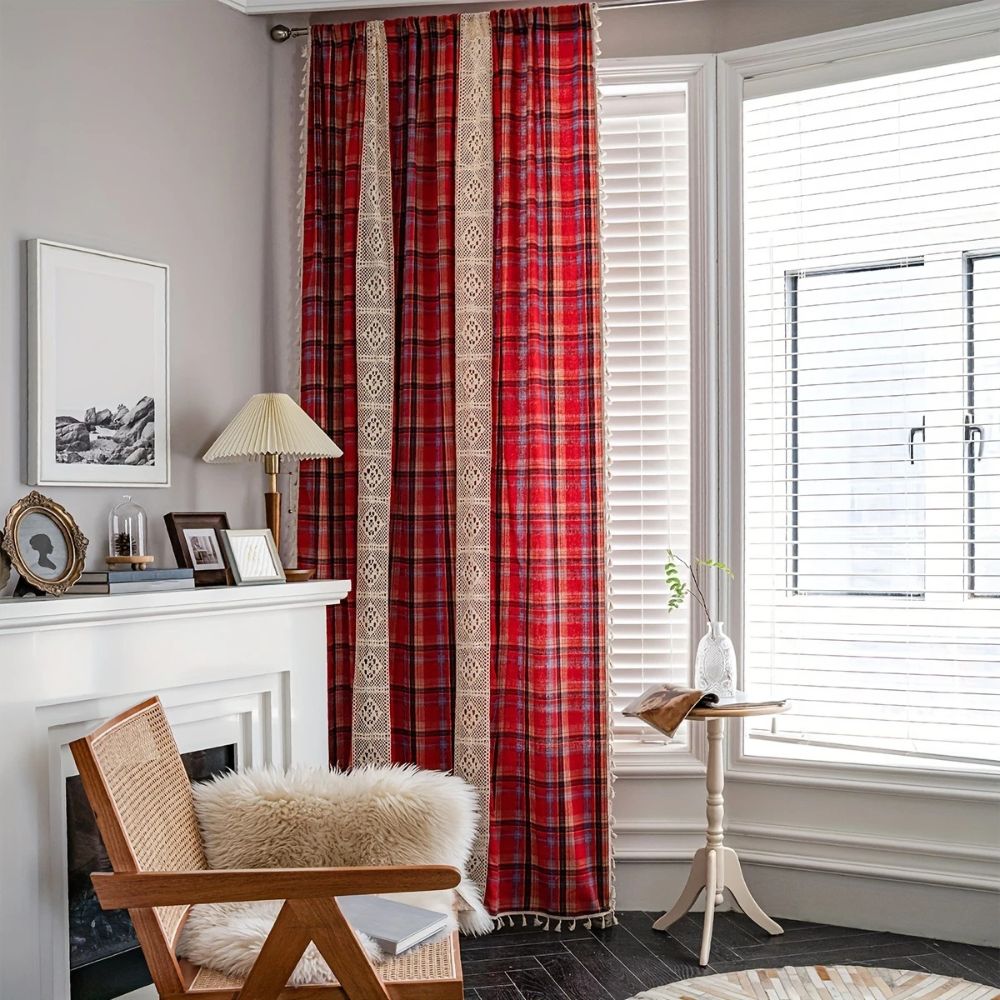 Rustic Tartan: Checked Curtain with Lace Trim – Semi-Transparent & Decorative for Kitchen & Living Room
