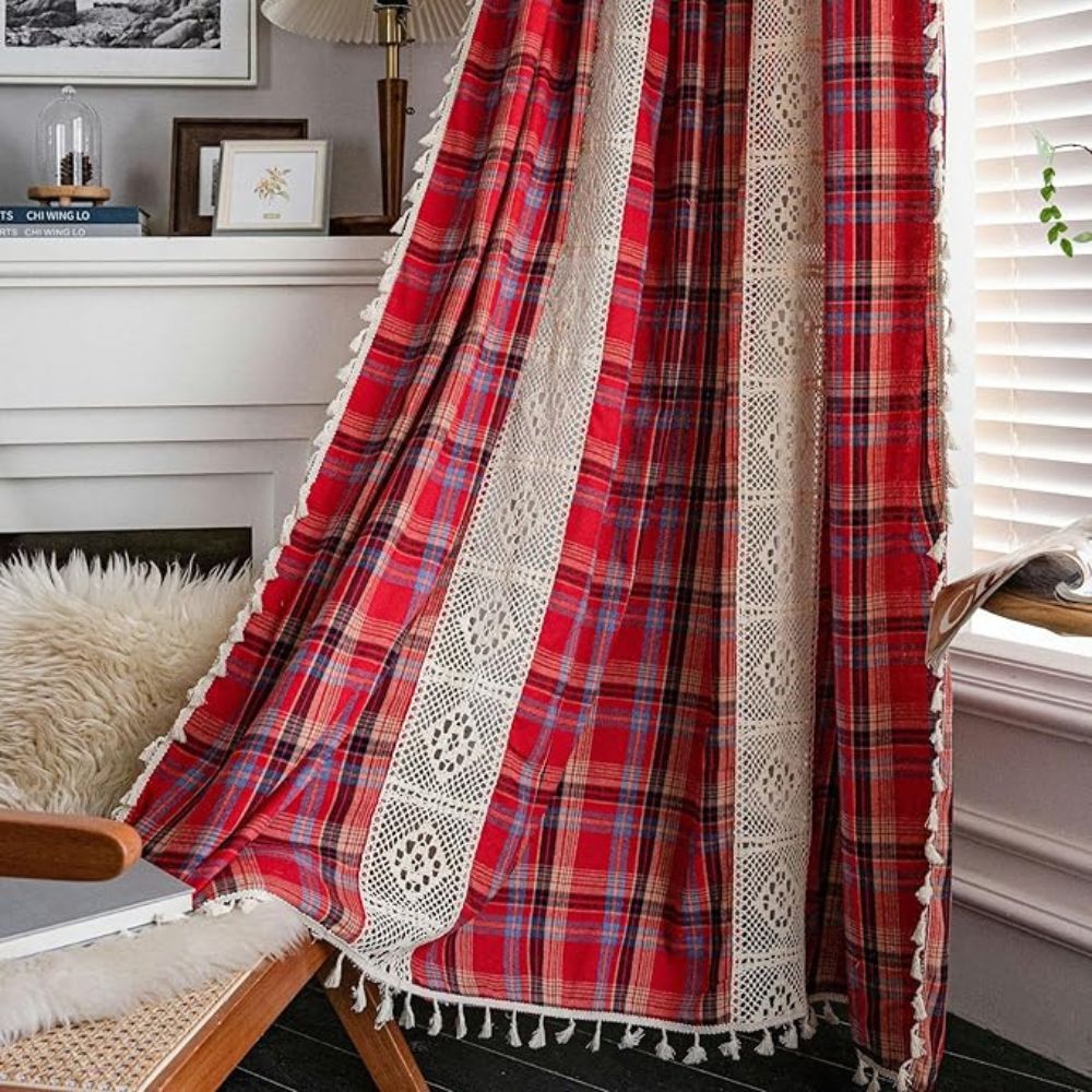 Rustic Tartan: Checked Curtain with Lace Trim – Semi-Transparent & Decorative for Kitchen & Living Room