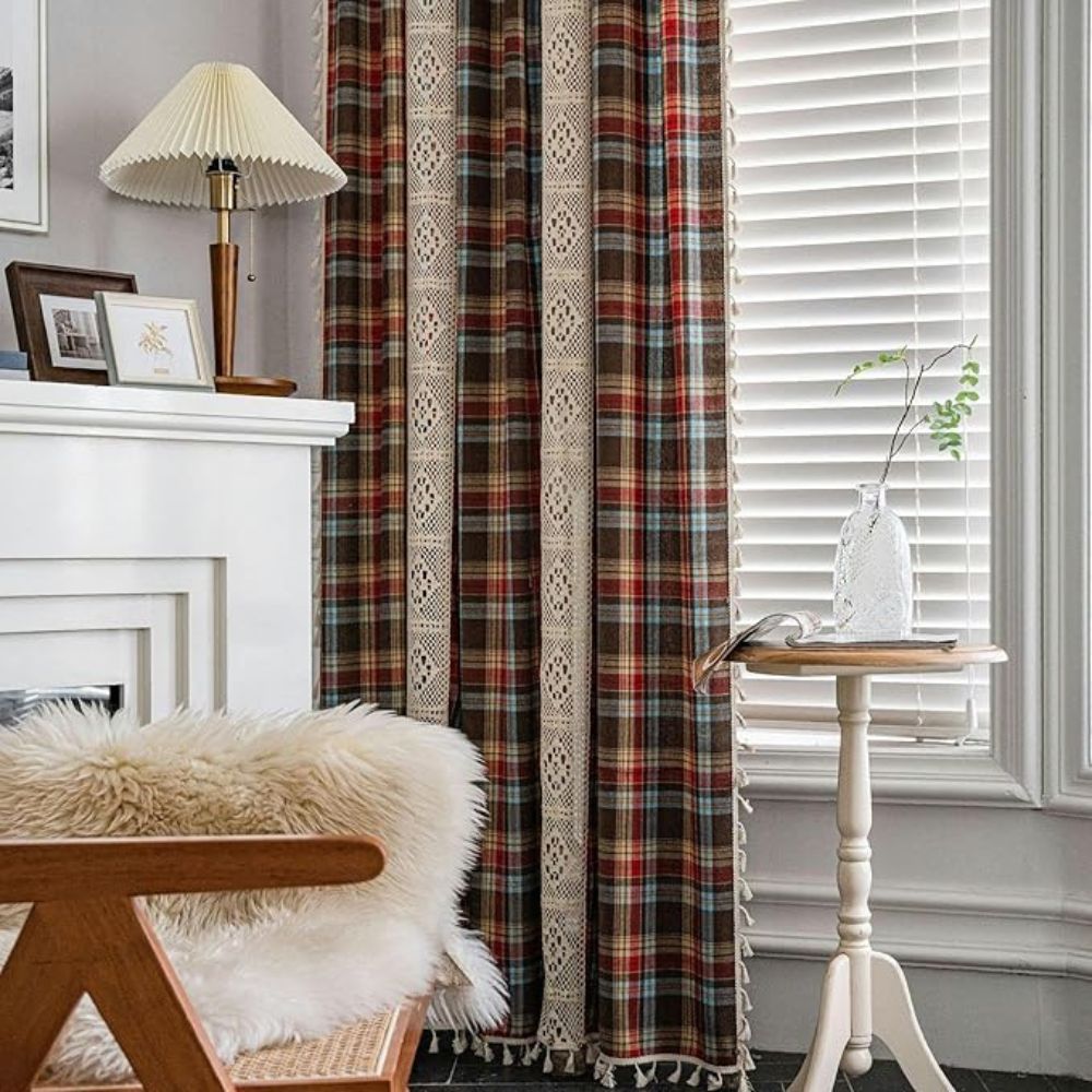 Rustic Tartan: Checked Curtain with Lace Trim – Semi-Transparent & Decorative for Kitchen & Living Room