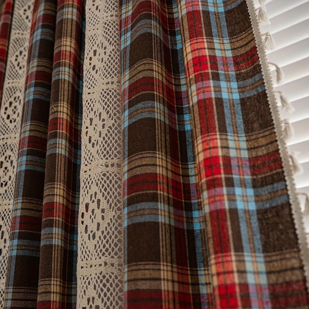 Rustic Tartan: Checked Curtain with Lace Trim – Semi-Transparent & Decorative for Kitchen & Living Room