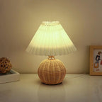 Luzava - Old-fashioned Bed Lamp with Pleated Shade and Wicker Accent