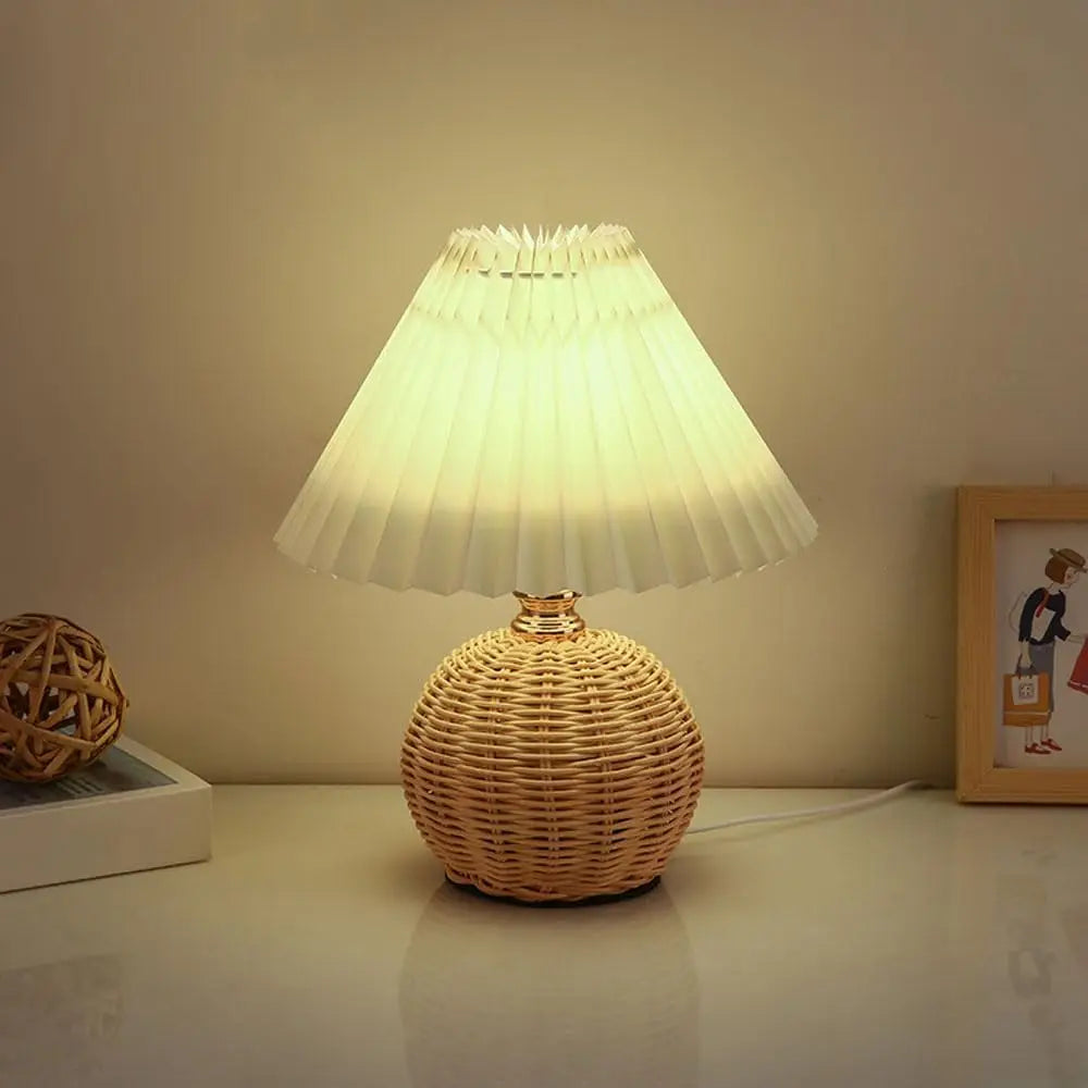 Luzava - Old-fashioned Bed Lamp with Pleated Shade and Wicker Accent