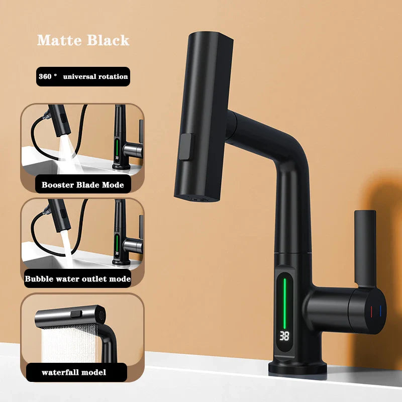 Aesthena - Extendable Waterfall Tap with Temperature Display in Stainless Steel