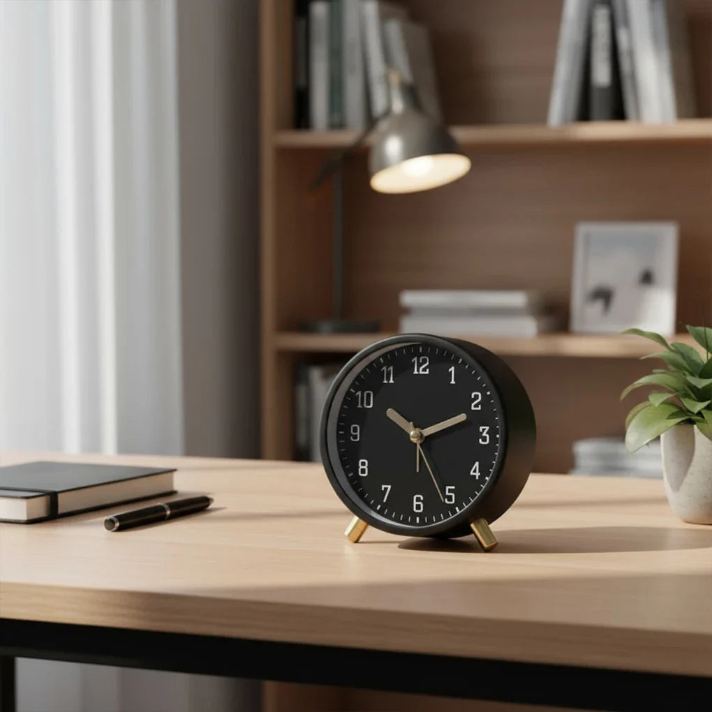 Table Clock Silent Sweep Movement Metal Glass Design