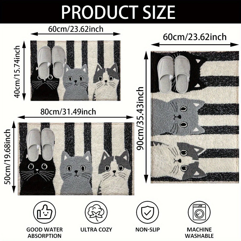 Vikaro - Striped Cartoon Cat Rug Waterproof Soft Floor Mat
