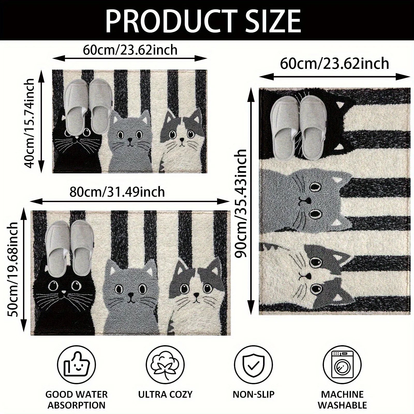 Vikaro - Striped Cartoon Cat Rug Waterproof Soft Floor Mat