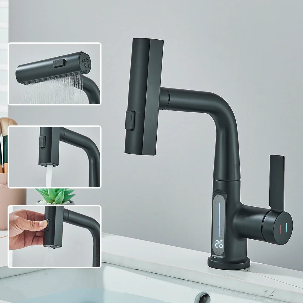 Thalenya - Waterfall Washbasin Faucet with Temperature Display and Movable Sprayer Up and Down
