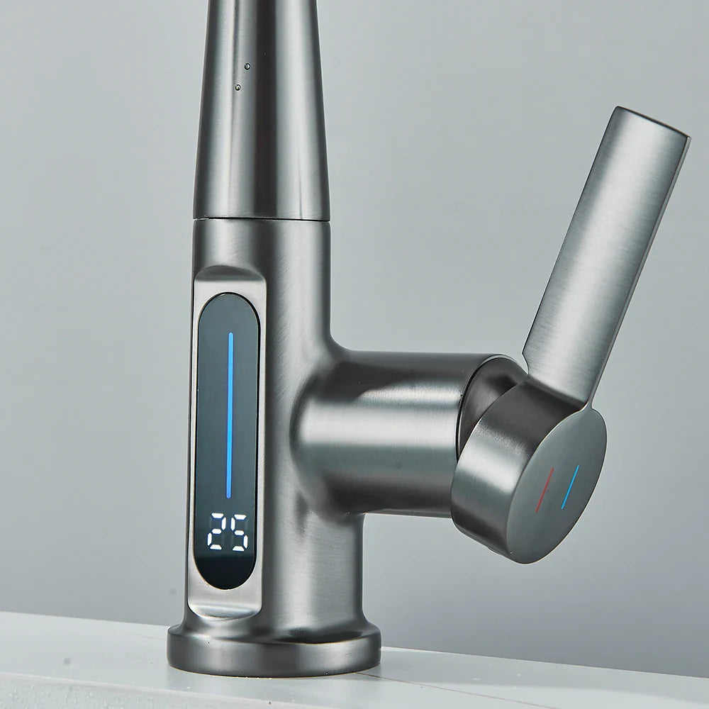 Thalenya - Waterfall Washbasin Faucet with Temperature Display and Movable Sprayer Up and Down