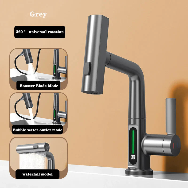 Aesthena - Extendable Waterfall Tap with Temperature Display in Stainless Steel