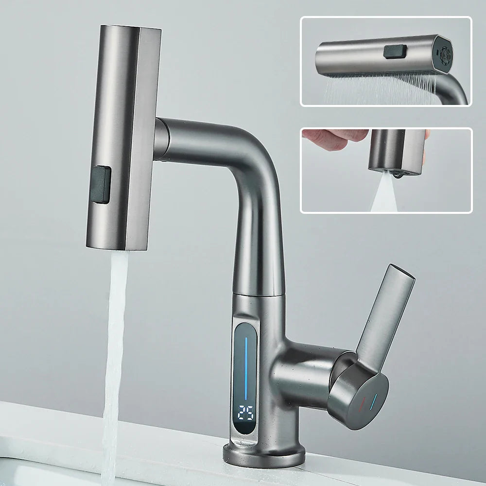Thalenya - Waterfall Washbasin Faucet with Temperature Display and Movable Sprayer Up and Down