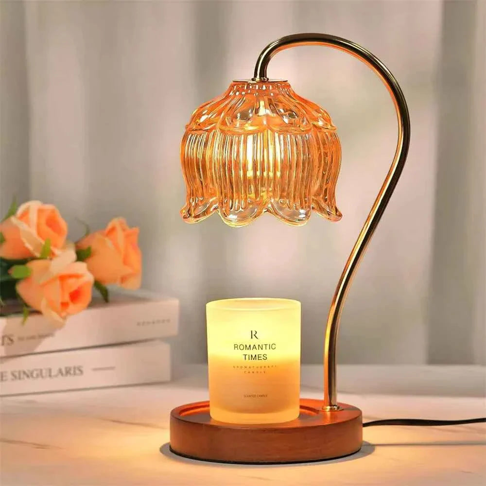 Bela Candle Warmer Lamp | Retro Glass Shade & Solid Wood Base