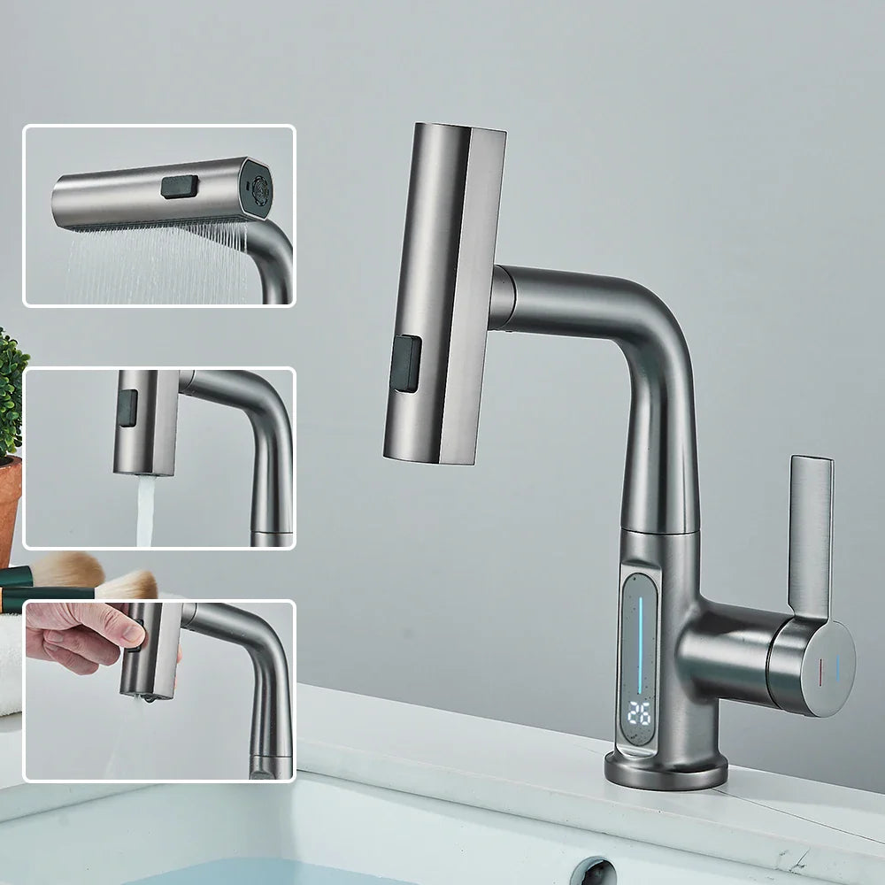 Thalenya - Waterfall Washbasin Faucet with Temperature Display and Movable Sprayer Up and Down