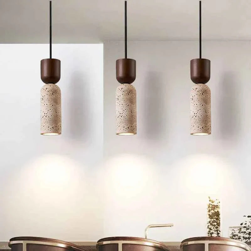 Bento Pendant Light | Natural Travertine & Walnut Wood, Adjustable Cord