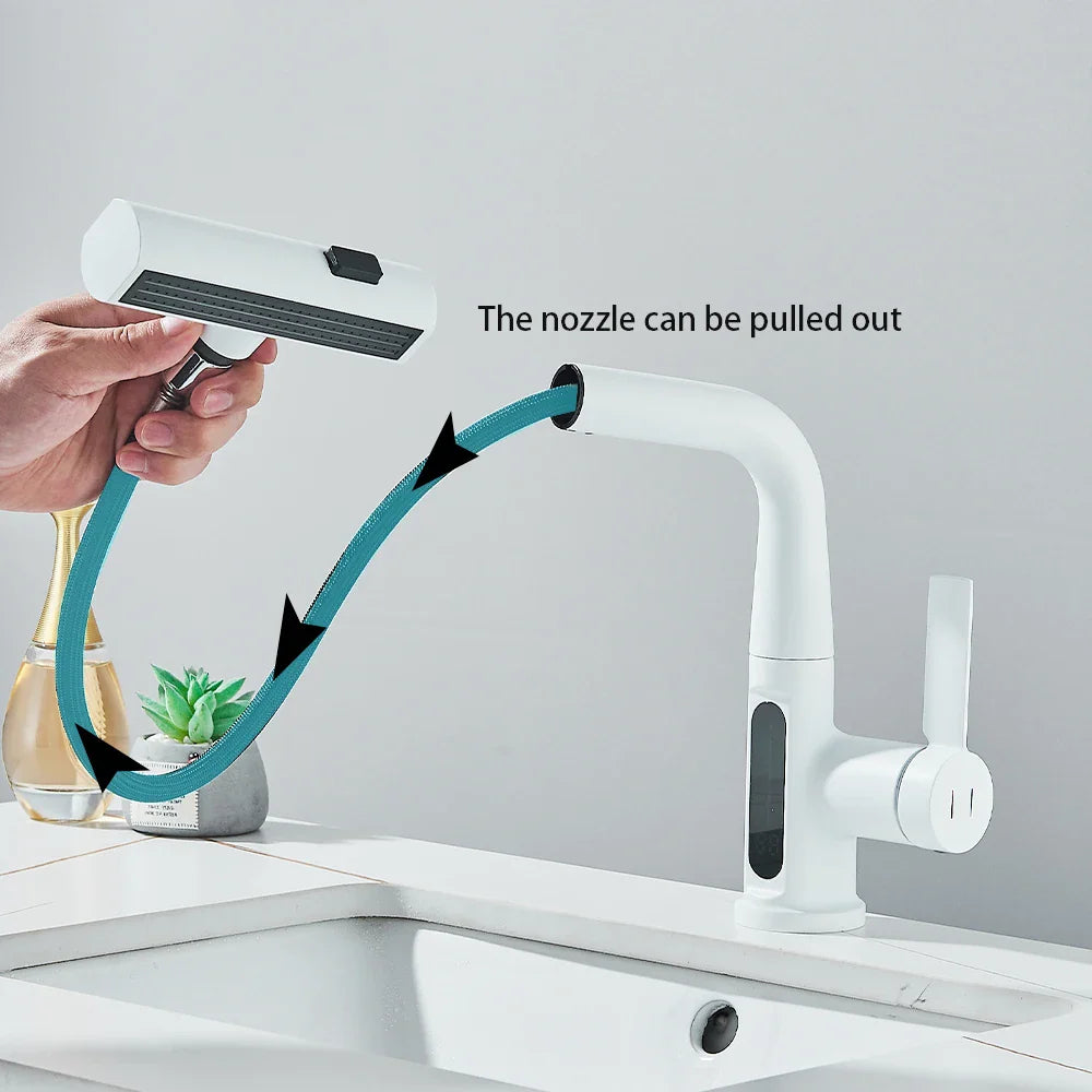 Nytheria - Waterfall Bathroom Faucet with Digital Temperature Display and Pull-Out Spout