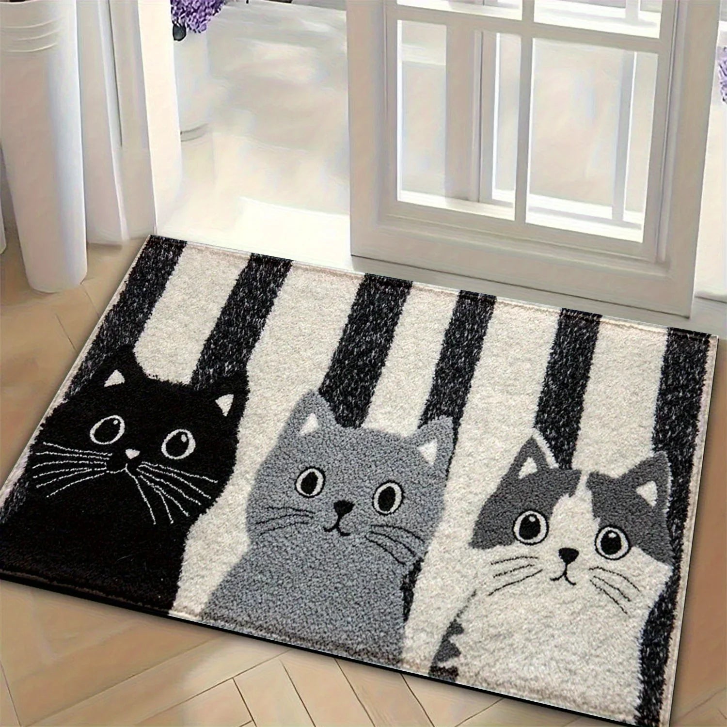 Vikaro - Striped Cartoon Cat Rug Waterproof Soft Floor Mat