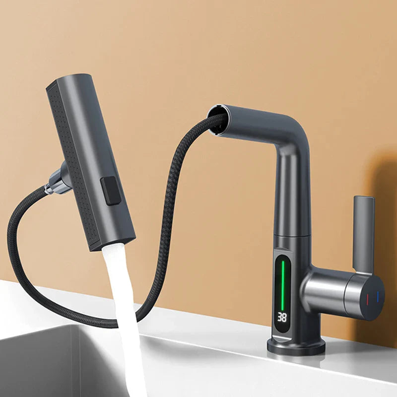 Aesthena - Extendable Waterfall Tap with Temperature Display in Stainless Steel