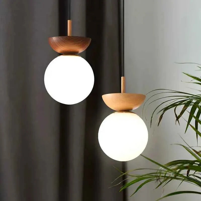 Bela Glass Pendant Light | Frosted Shade, Wood Finish