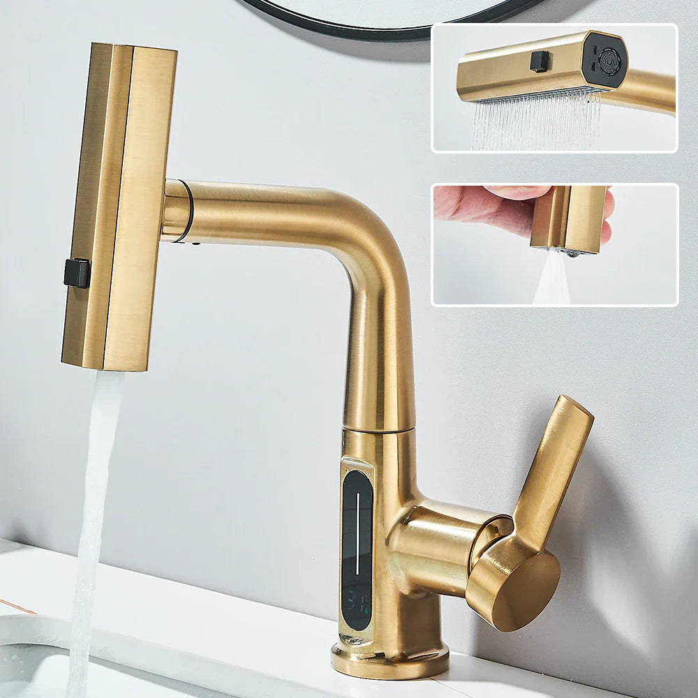 Thalenya - Waterfall Washbasin Faucet with Temperature Display and Movable Sprayer Up and Down