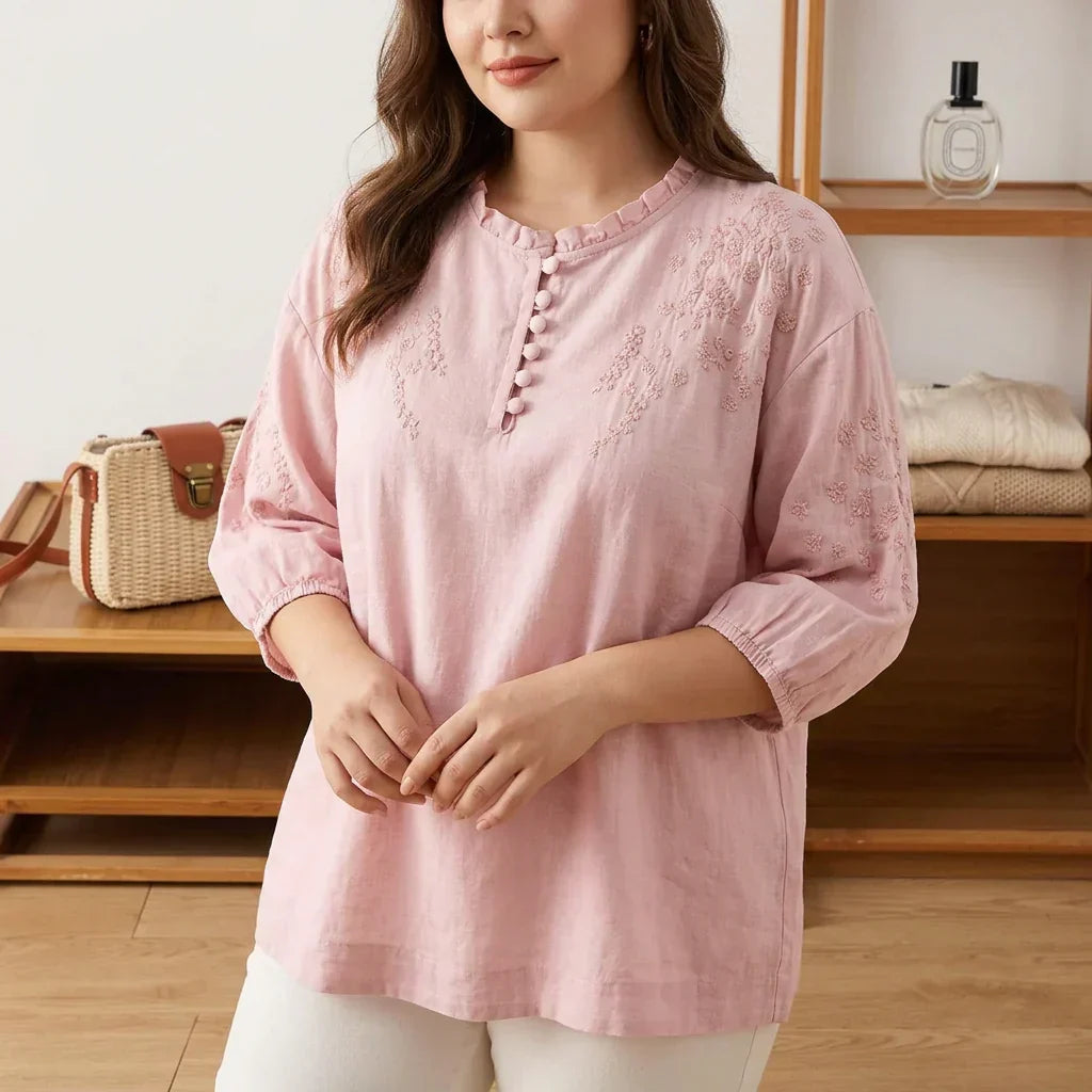 Effortless Blouse for Women Button-Front Three-Quarter-Sleeve Embroidered