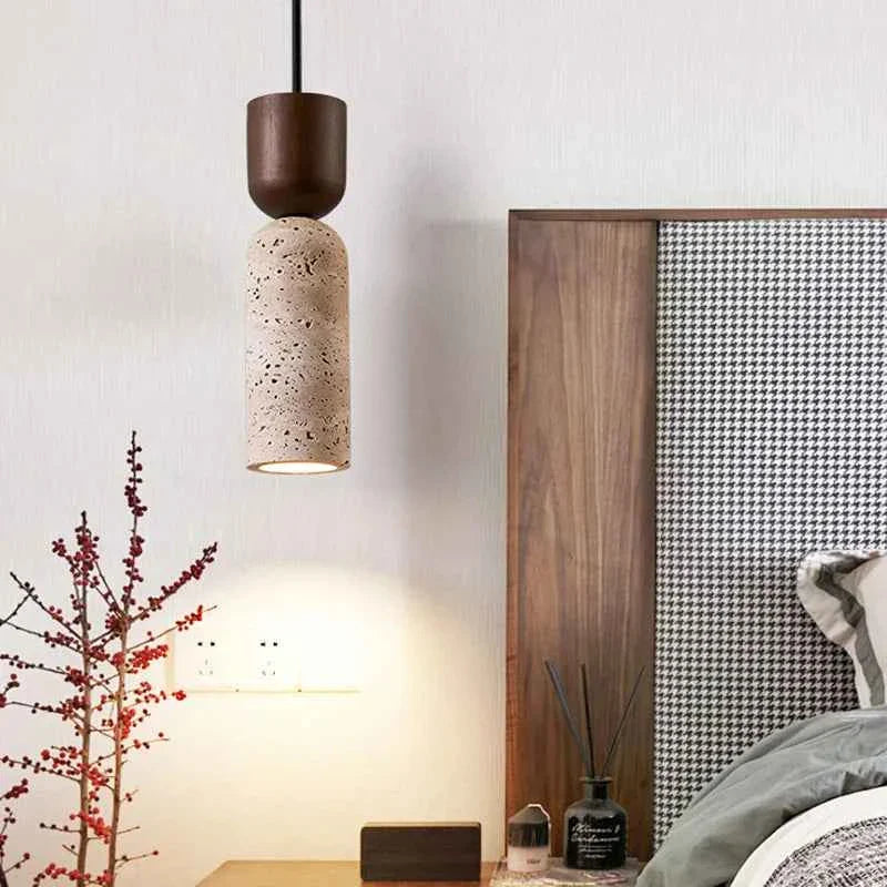 Bento Pendant Light | Natural Travertine & Walnut Wood, Adjustable Cord