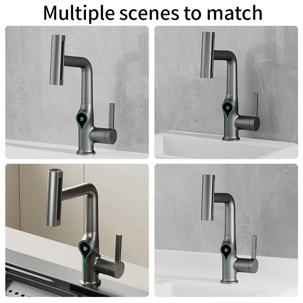 Celandra - Washbasin tap with Waterfall stream Temperature display and Adjustable sprayer