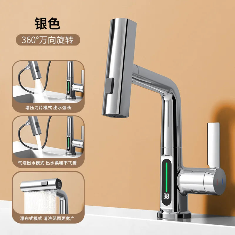 Aesthena - Extendable Waterfall Tap with Temperature Display in Stainless Steel