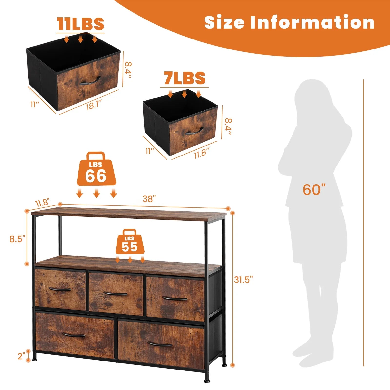 Jondan - Shoe Cabinet with 5 Fabric Drawers Multilayer Storage Rack