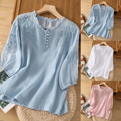 Effortless Blouse for Women Button-Front Three-Quarter-Sleeve Embroidered