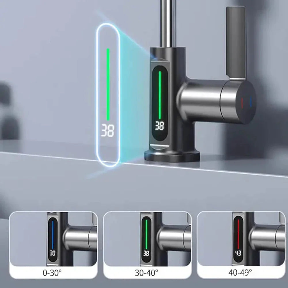 Thalenya - Waterfall Washbasin Faucet with Temperature Display and Movable Sprayer Up and Down