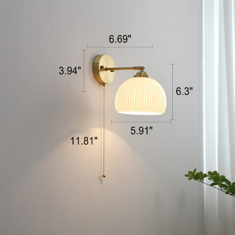 Nordic Style White Glass and Brass 1-Light Wall Sconce with Pull Cord