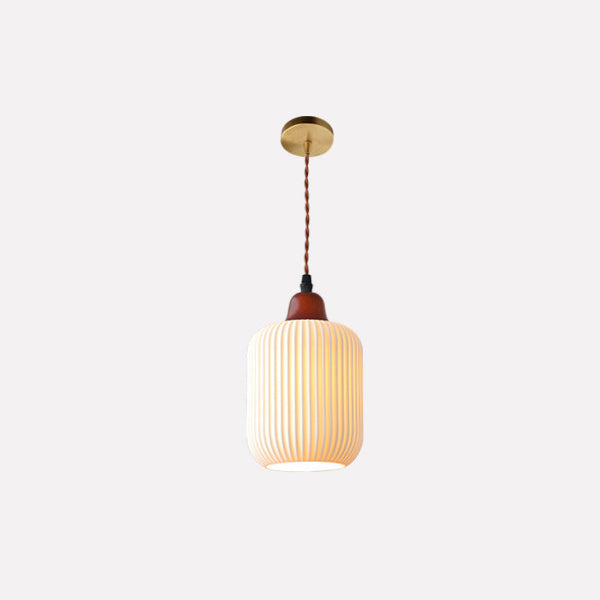Vintage Japanese Ceramic Round Dome Pendant Light with Pleated Design and Wooden Accents