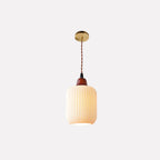 Vintage Japanese Ceramic Round Dome Pendant Light with Pleated Design and Wooden Accents