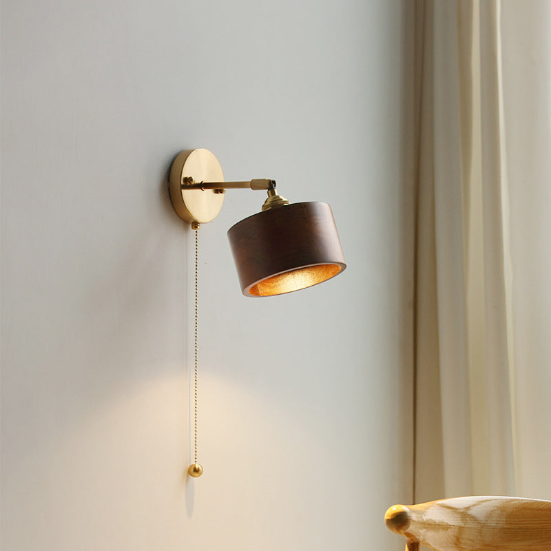 Modern Scandinavian Round Cone Dome Copper and Wood 1-Light Wall Sconce for Bedroom
