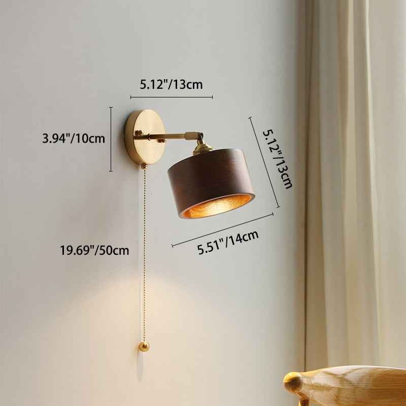 Modern Scandinavian Round Cone Dome Copper and Wood 1-Light Wall Sconce for Bedroom