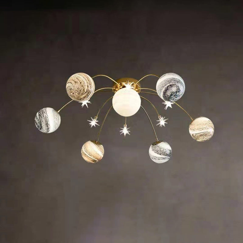 Modern Nordic 13-Light Semi-Flush Mount Ceiling Light with Iron and Glass Earth Planet Design for Kids' Bedroom