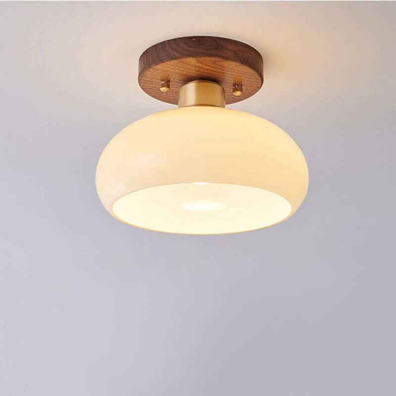 Artistic Vintage Walnut and Brass Round Semi-Flush Mount Ceiling Light with One Bulb