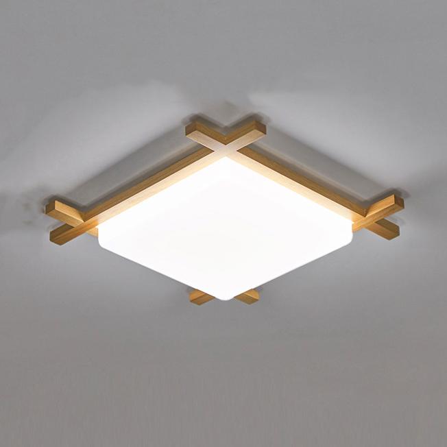 Traditional Japanese Square Tatami LED Flush Mount Ceiling Light in Wood and Acrylic for Bedrooms
