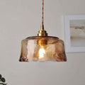 Retro Amber Glass Drum Pendant Light with Brass Accent - 1-Light